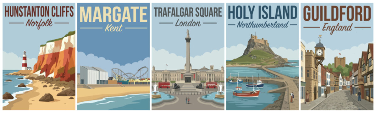 Vintage british united kingdom travel poster set. Including hunstanton cliffs, margate, trafalgar square, holy island, and guildford. Retro vector illustration.