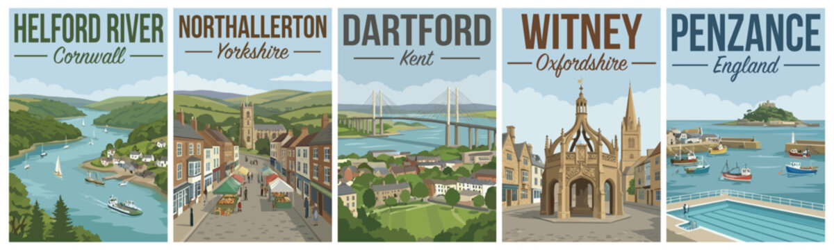 Vintage british united kingdom travel poster set. Including helford river, northallerton, dartford, witney, and penzance. Retro vector landscape illustration.