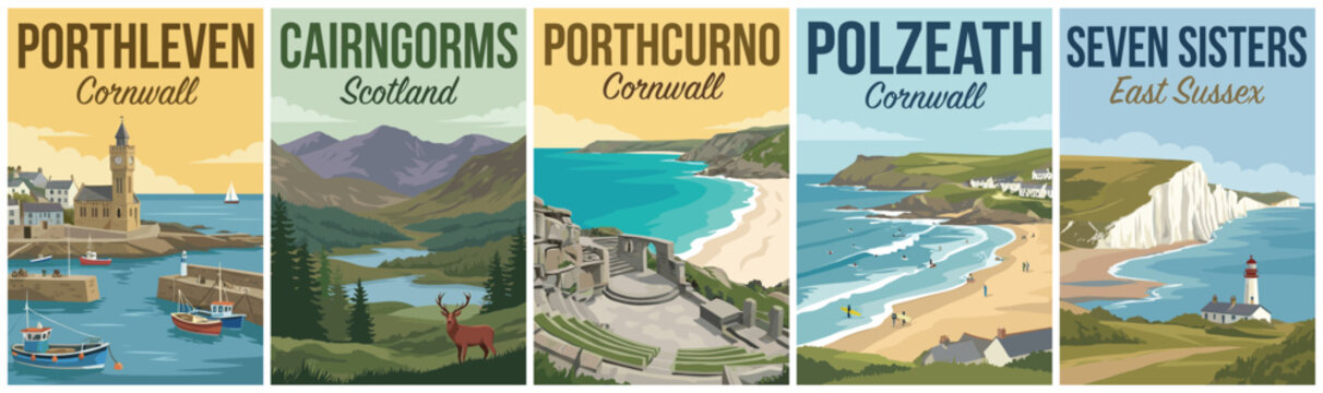 Vintage british united kingdom travel poster set. Including porthleven, cairngorms, porthcurno, polzeath, and seven sisters. Retro vector landscape illustration.