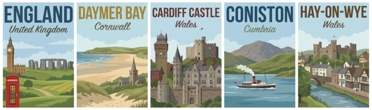 Vintage british united kingdom travel poster set. Including england stonehenge, daymer bay, cardiff castle, coniston, and hay on wye. Retro vector.