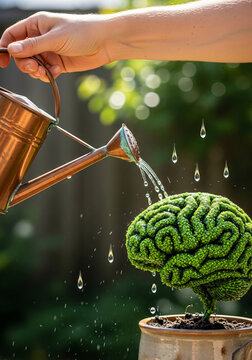 Person Watering a Green Brain Plant for Mental Health Development