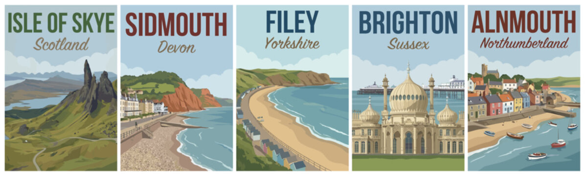 Vintage british united kingdom travel poster set. Including isle of skye, sidmouth, filey, brighton, and alnmouth. Retro vector landscape design.