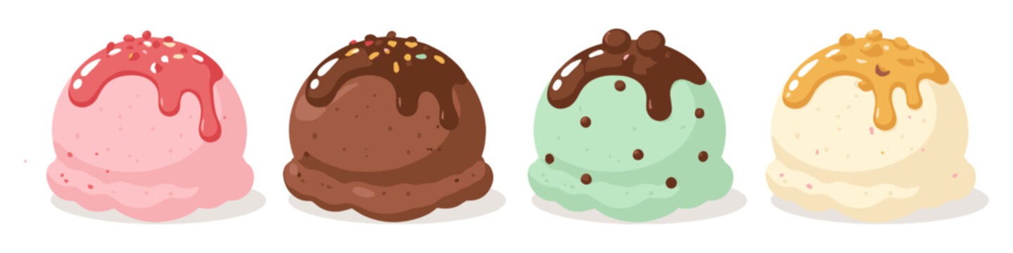 Four delicious scoops of ice cream with different toppings and flavors