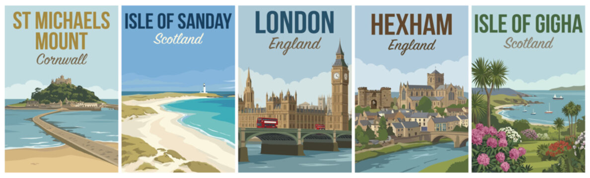 Vintage british united kingdom travel poster set. Including st michaels mount, isle of sanday, london, hexham, and isle of gigha. Retro vector artwork.