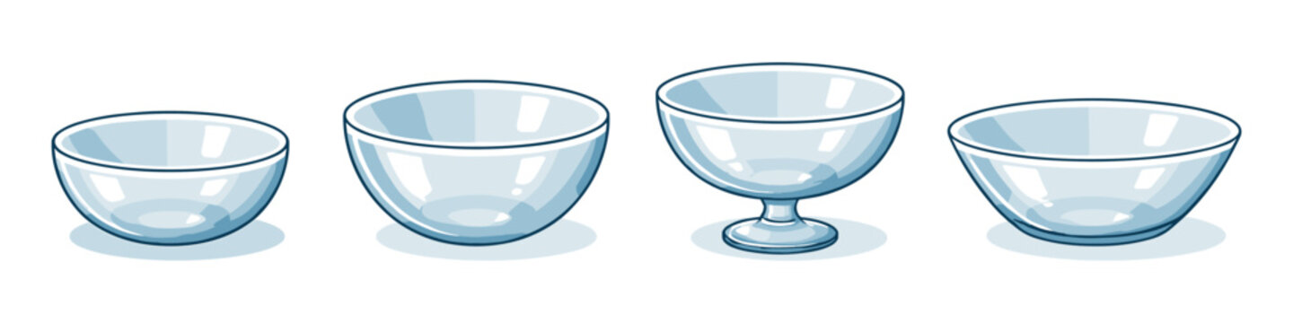 Collection of four clear glass bowls and dessert dishes on a white background
