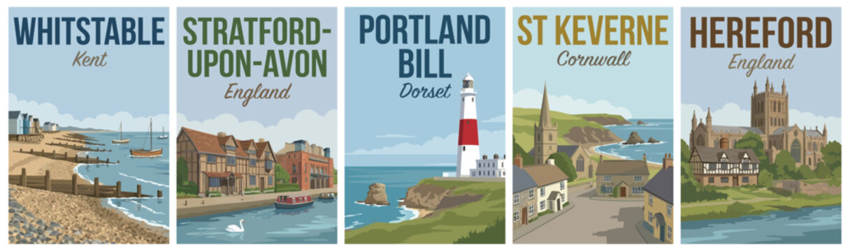 Vintage british united kingdom travel poster set. Including whitstable, stratford upon avon, portland bill, st keverne, and hereford. Retro vector.