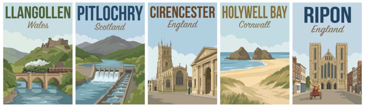 Vintage british united kingdom travel poster set. Including llangollen, pitlochry, cirencester, holywell bay, and ripon landmarks. Retro vector illustration.
