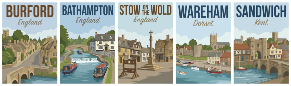 Vintage british united kingdom travel poster set. Including burford, bathampton, stow on the wold, wareham, and sandwich kent. Retro vector landscape art.