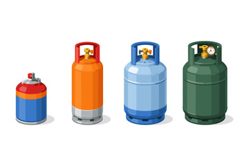 Collection of four different colored gas cylinders with varying sizes and gauges