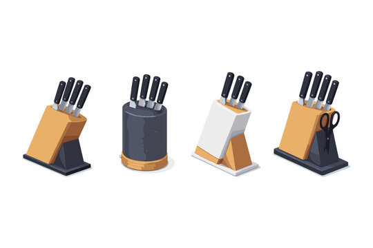 Collection of four diverse knife blocks with kitchen knives and scissors displayed