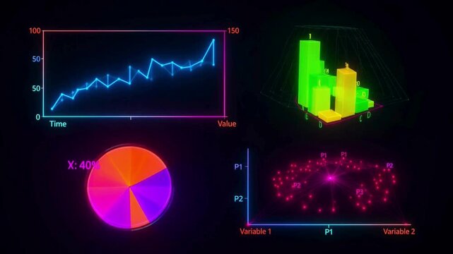 A vibrant digital display showcasing four distinct types of data visualizations: a line graph, a 3D bar chart, a pie chart, and a scatter plot, all rendered with neonlike glowing effects