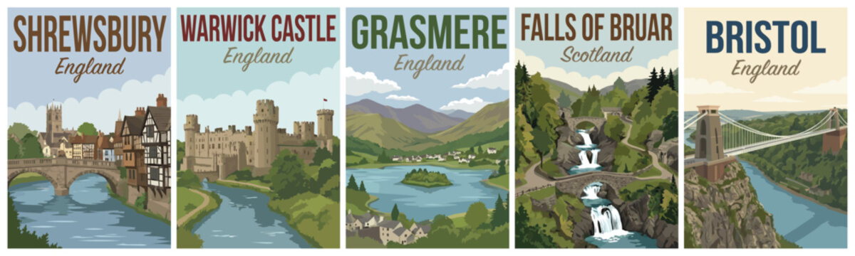 Vintage british united kingdom travel poster set. Including shrewsbury, warwick castle, grasmere, falls of bruar, and bristol. Retro vector.