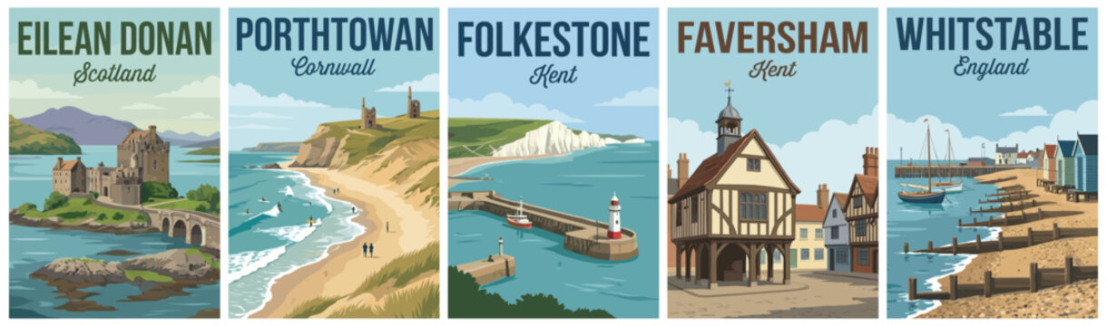 Vintage british united kingdom travel poster set. Including eilean donan, porthtowan, folkestone, faversham, and whitstable. Retro vector illustration.