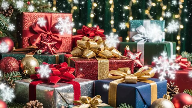 Pile of christmas presents with pinecones and festive lights holiday theme
