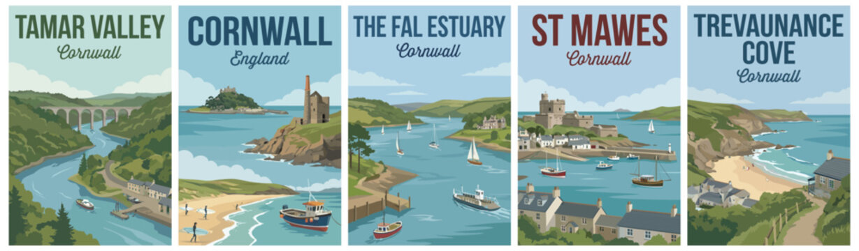 Vintage cornwall united kingdom travel poster set. Including tamar valley, tin mines, the fal estuary, st mawes, and trevaunance cove. Retro vector art design.