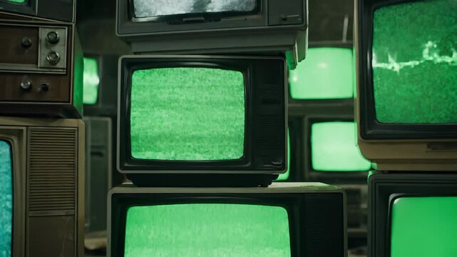 Pile of old television sets displaying static and electronic noise