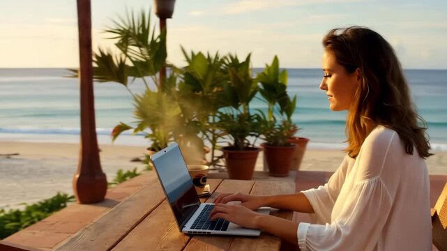Digital nomad working on laptop at beachside terrace tropical paradise outdoor workspace serene environment ocean views