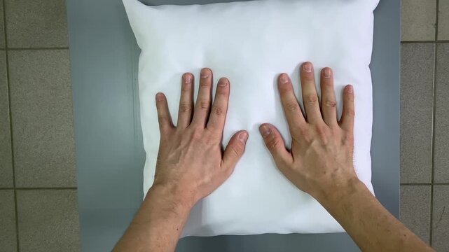 White pillow. Gray table. Pillow production. Slow motion video. High quality 4k footage