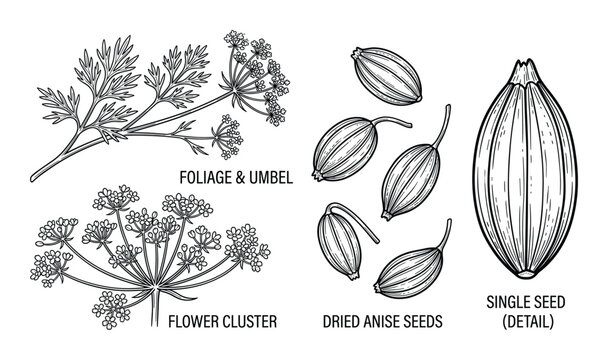 Anise plant botanical drawing with foliage, umbel, flower cluster and single seed detail illustration