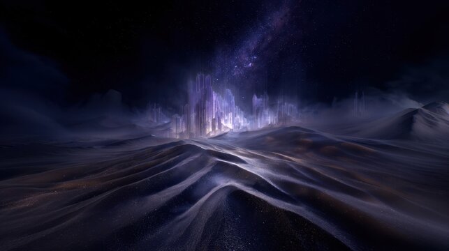 Mysterious and ethereal landscape with a celestial aurora, a dark and epic atmosphere