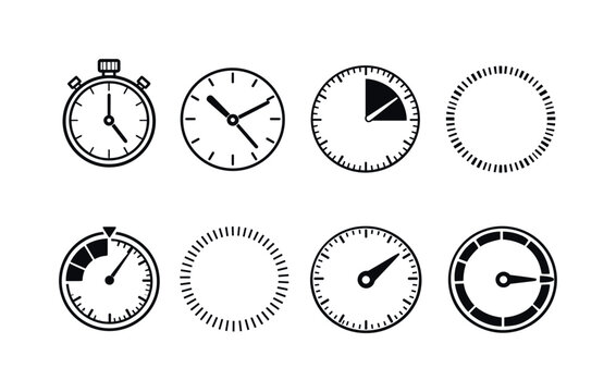 Time measurement circles: stopwatch circle dial, clock face circle timer, minute countdown circle, second tick ring, circular timer gauge, radial tick mark circle, timer dial with