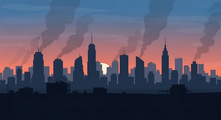 Fototapeta premium A stylized illustration of a city skyline at sunset with smoke rising from industrial buildings, depicting urban pollution.
