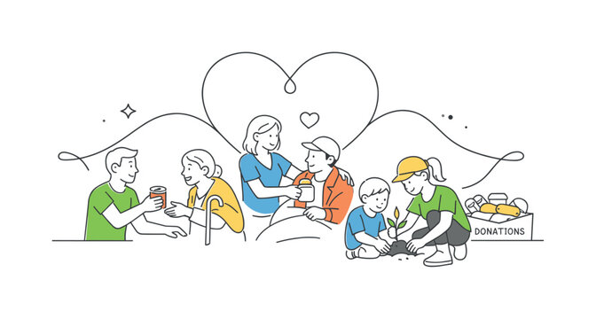 A community volunteering and mutual aid scene where people collaborate to support vulnerable groups and build stronger social connections, using a minimal group of figures and a