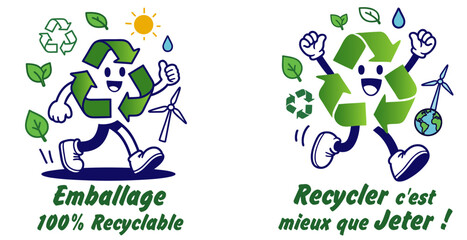 Fototapeta premium Personnage recyclage souriant autour d’icônes écologiques, illustrant un concept éducatif et ludique sur le tri des emballages et le recyclage.