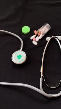 Medical checkup theme. Overhead shot of stethoscope, pill packs on a black surface. Composition with stethoscope, overturned pill box, syringe and ampule on black background. Modern healthcare concept