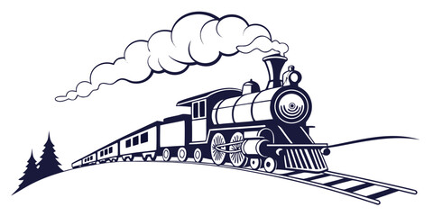 A vintage steam locomotive chugs along a track with a cloudy sky overhead. © Mamun