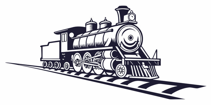 A vintage steam locomotive with a black and white color scheme