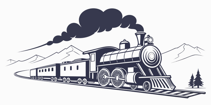 A vintage steam train chugs along a scenic mountain track under a cloudy sky