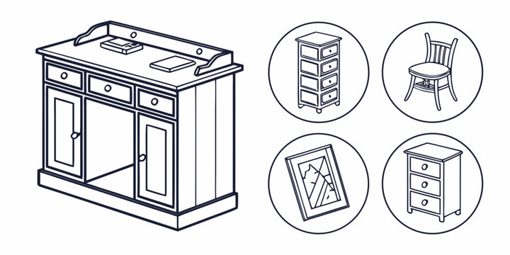 A collection of various furniture items including a kitchen cabinet, shelves, chair, and a dresser.
