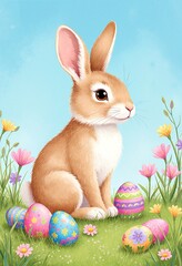 Fototapeta premium Easter bunny sitting with easter eggs and flowers