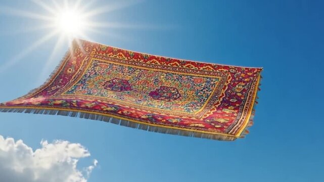 Flying carpet in the sky with sunlight and clouds above a vibrant landscape