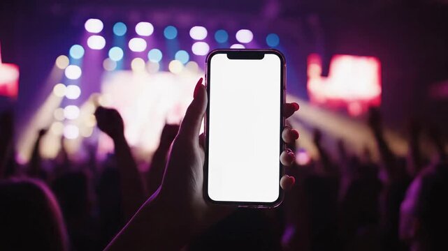 Phone screen display at concert venue with audience and stage lights