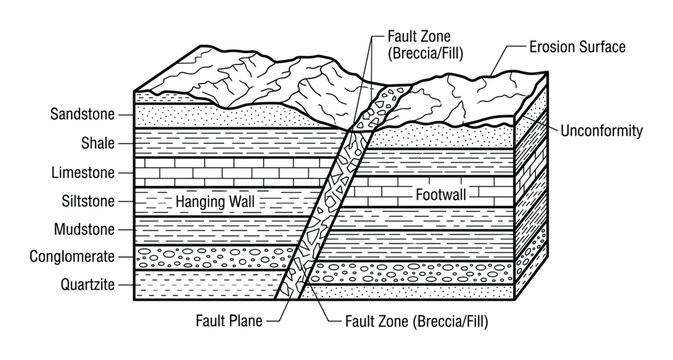 Geological fault diagram with fault zone, plane, hanging and foot walls, and rock layers