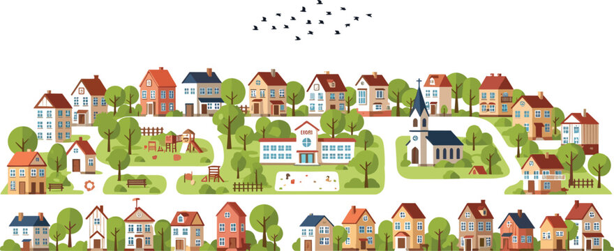 Scenic colorful village landscape with houses park playground school and church flat vector illustration