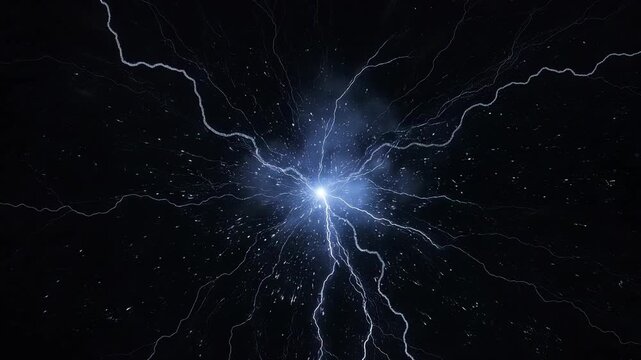 electric lightning burst with glowing energy lines on dark background showing powerful electricity effect for storm visuals, technology concept and vfx compositing
