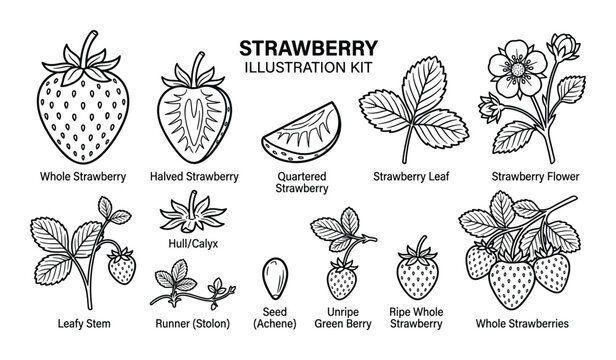 Strawberry Illustration Kit: Whole, Halved, Quartered, Leaf, Flower, Stem, Hull, Runner, Seed, Berries