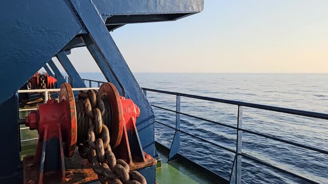A ship's anchor chain winds slowly as the vessel sails across calm seas during sunrise, with blue steel structures and railings framing the horizon.