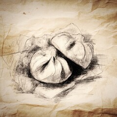Obraz premium Monochrome sketch of two filled, steamed, bun-like food items on textured paper