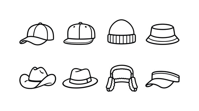 Caps and hats collection: baseball cap, snapback cap, beanie hat, bucket hat, cowboy hat, fedora hat, winter earflap hat, sun visor cap