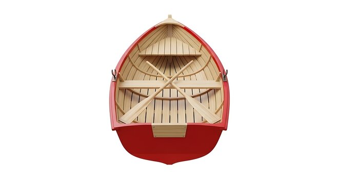 Small red wooden boat interior viewed from above showing oars and benches red boat