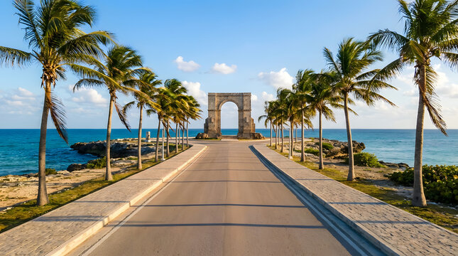 Scenic Coastal Road Lined with Palm Trees Leading to Oceanfront Archway