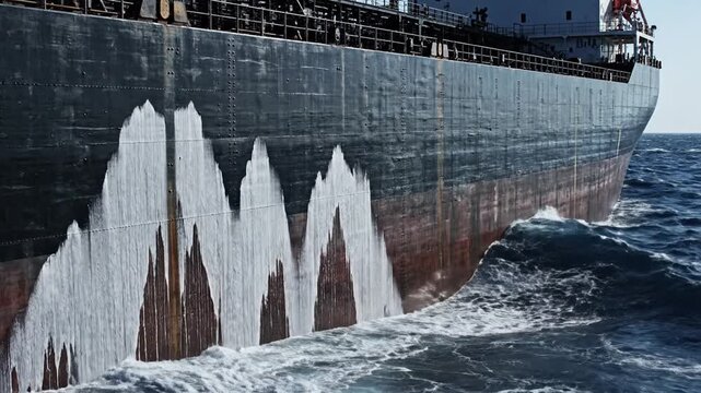 A massive cargo ship battles towering ocean waves, its hull splashed violently as water crashes over the bow in a dramatic display of nature&acirc;&euro;&trade;s power against industrial might.