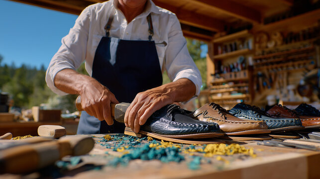 Over-the-shoulder close-up of faceless hands stretching leather and hammering nails into worn shoes on a wide bright workbench, sunlight illuminating tools, scattered materials, an
