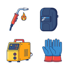 Naklejka premium Professional Welding Equipment Set Including Welding Machine, Protective Helmet, Torch, and Safety Gloves Vector Illustration