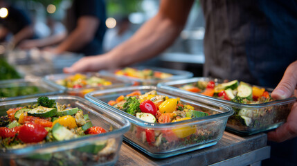 Obraz premium Close-up of faceless hands carefully packing reusable containers with colorful heirloom tomatoes, zucchini, and carrots, sunlight creating soft reflections on glass and wooden surf