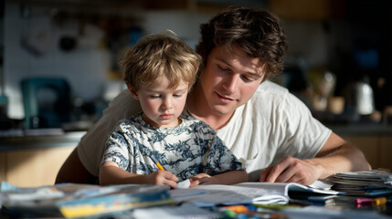Fototapeta premium Faceless parent assisting a child with homework, leaning over a cluttered kitchen table with open notebooks and scattered markers, wide bright family kitchen with sunlight bouncing